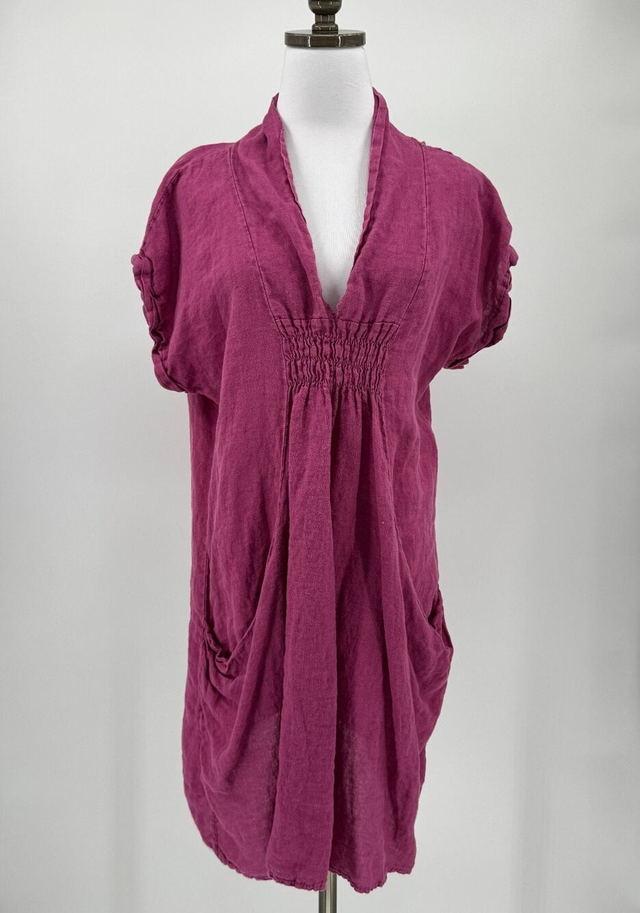 Meo Meli Purple Woven Linen V Neck Ruched Lagenlook Shirt Dress